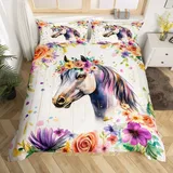 Homewish Pferd Bettwäsche 155x220 Kinder Mädchen, Wildtier Bedruckt Bettbezug Niedlich für Teenager, Ästhetische Blumen Bett Set, mit 1 Kissenbezug Holzbrett Dekor, Weiche Mikrofaser
