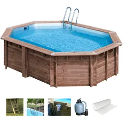 Achteckpool GRE "BAMBU mit Edelstahlleiter", braun, B:335cm H:130cm L:535cm, Schwimmbecken, Kiefernholz, BxLxH: 335x535x130 cm