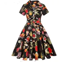 MOOCO MORNING 2022 Baumwolle Vintage Kleid Frauen Kurzarm S-4XL Groß Swing Retro Blumendruck Rockabilly Kleider - M