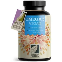 Omega-3 Vegan 90 Kapseln hochdosiert, 2000mg Omega-3 Algenöl pro Tag mit 600mg DHA & 300mg EPA, veganes Omega-3 aus nachhaltigem Anbau als Fischöl-Alternative, laborgeprüft mit Zertifikat, NatureWell