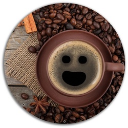 Wallario Sichtschutzzaunmatten Lustige Kaffeetasse mit einem Lächeln – Kaffeebohnen und Zimt, rund rot 60 cm