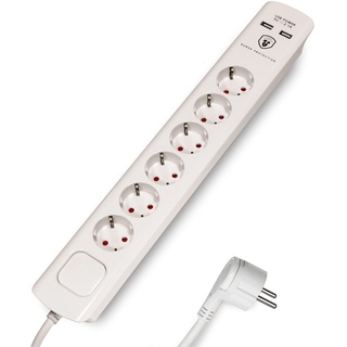 FeinTech Steckdosenleiste mit USB 3m Kabel, Flachstecker