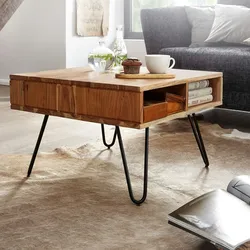 Kadima Design Massiver Akazienholz Couchtisch, Modernes Design, Metallgestell, Stauraum. 60x60x40 cm