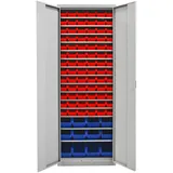 PROREGAL Flügeltürenschrank Owl mit 15 Fachböden + 90 Sichtlagerkästen | HxBxT 195x71x30cm | Lichtgrau