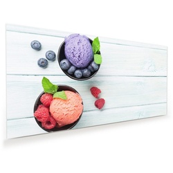 Primedeco Glasbild Wandbild Heidelbeere und Erdbeereis mit Aufhängung, Süsses lila 110 cm x 55 cm