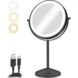 AumVum 8" Kosmetikspiegel mit Beleuchtung Wiederaufladbarer, 1X/10X Vergrößerungsspiegel mit Licht 54 LED-Leuchten 3 Farben Beleuchtung Helligkeit 360° Schwenkbar für Schlafzimmer, Schwarz