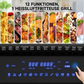 Homelux Foodi Grill & Heißluftfritteuse, 6-in-1 Airfryer Elektrischer mit Temperaturfühler, Touch-Steuerung, Max 230°C, 120-Minuten Timer, 1700W - Silber