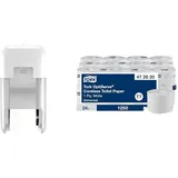 Tork Doppelrollenspender & Toilettenpapier Bundle: Doppelrollenspender für Hülsenloses Toilettenpapier, Weiß + Tork Hülsenloses Toilettenpapier, Universal, 1‐lagig, 24 × 1.250 Blatt