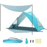 Dewur Dreieck Strandmuschel 2-4 Personen Pop Up Strandzelt mit Sonnensegel UPF 50+ UV Sonnenschutz Wasserdicht für Familien Strand Camping Garten, Blau