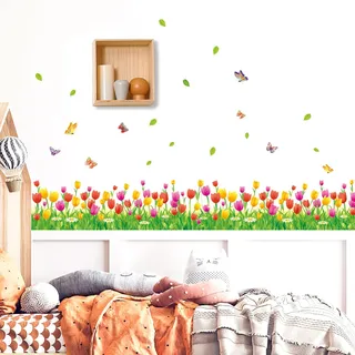 WandSticker4U®- Wandtattoo Blumenwiese TULPEN (Breite: 2.3 M) I Wandsticker Blumen grüne Wiese Gräser Pflanzen Aufkleber Frühling I Wanddeko Wohnzimmer Schlafzimmer Kinderzimmer Küche Möbel Aufkleber