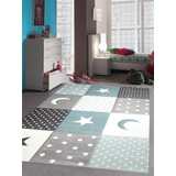 Teppich-Traum Kinderzimmer Teppich Spiel & Baby Teppich Punkte Sterne Mond Design in Blau Türkis Grau Creme Größe 160x230 cm