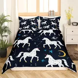 Einhorn Bettwäsche 220 x 240 für Mädchen - Magic Weiß Pferd Set für Kinder - Trippy Galaxy Bettbezug Sternenhimmel - Astrologie Dekor Schwarz Weiß Schlafzimmer