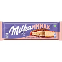 Milka Mmmax Biskuit-Käsekuchen-Füllung und Erdbeer-Füllung in Vollmilchschokolad