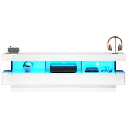 Merax 160 cm weißer Hochglanz-TV-Schrank mit 3 Glasfächern, LED-Beleuchtung, App-Steuerung, Bluetooth-verbunden, für 70-Zoll-TV