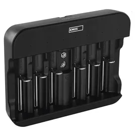EMOS Akku-Ladegerät NiMH, NiCd für 6 Akkus, Schnell-Ladegerät 500 mA, für 1-6x AAA, AA, C, D, 9 V aufladbare Batterien, inkl. USB-C Kabel, Akkuschutz, Sicherheitsfunktionen