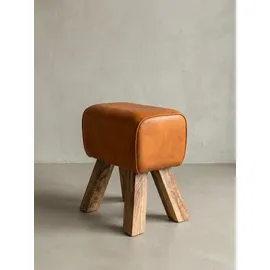 KADIMA DESIGN Retro Turnhocker Echtleder und Holz 40 x 30 x 47 cm Braun