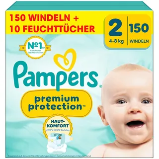 Pampers Premium Protection Größe 2, Windeln, 4kg-8kg, Doppelter Schutz für die Haut und vor Auslaufen +10 Stück Pampers Aqua Baby-Feuchttücher enthalten