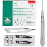 Set - 100 Stück sterile Skalpellklingen Figur 25 aus Karbonstahl - Ersatzklingen + 1 x Shehadeh - Skalpell-Halter - Edelstahl