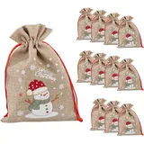 IDENA 90417 - Stoffbeutel ca. 22 x 32 cm, 12 Stück, Säckchen mit Schneemann-Motiv, Weihnachtssack mit roter Kordel, Geschenkbeutel für Weihnachten