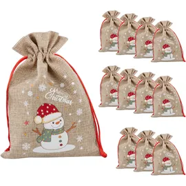 IDENA 90417 - Stoffbeutel ca. 22 x 32 cm, 12 Stück, Säckchen mit Schneemann-Motiv, Weihnachtssack mit roter Kordel, Geschenkbeutel für Weihnachten