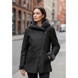 Hollert Damen Lammfelljacke Lena Winterjacke aus Merino Schaffell Echtleder mit Kapuze Größe: XL Farbe: Dunkelgrau - XL