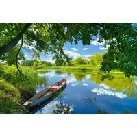 Papermoon Fototapete PAPERMOON "FRÜHLINGS-LANDSCHAFT-FLUSS BOOT BÄUME STRAND UFER WALD", bunt, B:5m L:2,8m, Vlies, Tapeten