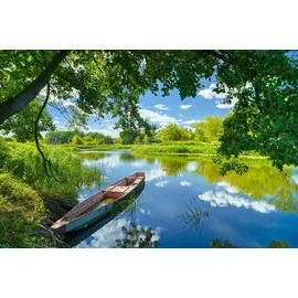 Papermoon Fototapete PAPERMOON "FRÜHLINGS-LANDSCHAFT-FLUSS BOOT BÄUME STRAND UFER WALD", bunt, B:5m L:2,8m, Vlies, Tapeten,