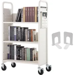 VEVOR Bibliothekswagen 790x385x1250mm Abräumwagen 3 Regale Bücherwagen Kohlenstoffstahl + kaltgewalzte Stahlplatte Servierwagen 150kg Gewichtskapazität (50kg pro Regal) inkl. 2 Buchstützen Weiß