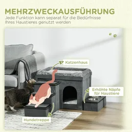 PawHut Katzenhöhle Katzenhütte mit Treppe, Katzenhaus mit 2 Edelstahlnäpfen, Kissen