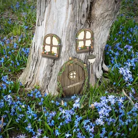 Relaxdays Feentür, Set, 2 Wichtelfenster, 1 Wichtellicht, wetterfeste Gartendeko, Wichteltür, Kunststein, bunt