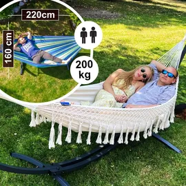 Potenza Outdoor Hängematte mit Gestell für 2 Personen I Baumwolle Doppelhängematte XXL 220x160, 200kg I Hängemattengestell 220kg, wetterfest - Beige