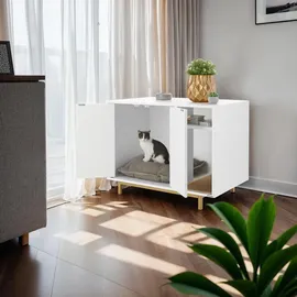 Tectake tectake® Katzenschrank, seitlicher Eingang, hohe Beine, kleines Staufach, inklusive Kratzmatte, 80 x 52 x 61,5 cm