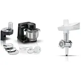 Bosch Küchenmaschine Serie 2 MUMS2EB01, Edelstahl-Schüssel 3,8 L & MUZS2FWW, Fleischwolf-Aufsatz, Stopfer, Edelstahl Loch-Scheibe 4,5 mm, auch für Fisch und Gemüse, passend für Küchenmaschine Serie 2