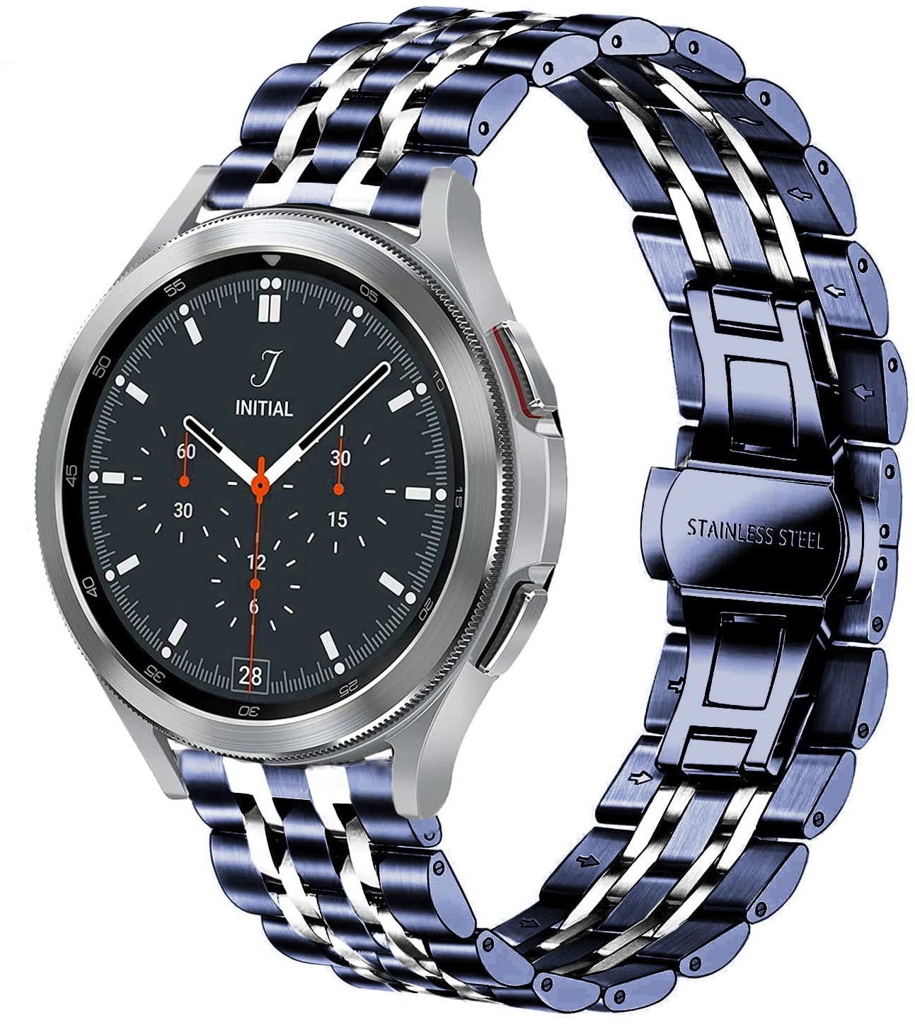 DEALELE Kompatibel mit Samsung Galaxy Watch 6/6 Classic / 5/5 Pro / 4/4 Classic / 3 41mm / Galaxy Watch 42mm, 20mm Edelstahl Metall Ersatz Armband für Huawei GT2 42mm / GT3 42mm, Blau/Silber