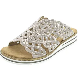 Rieker Damen Pantolette breiter Riemen mit Strass schmale Weite V0689, Größe:41 EU, Farbe:Beige - Beige - 41