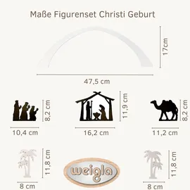 Weigla Dekofigur Figurenset "Christi Geburt" für WEIGLA Dekosockel, aus Holz (Set, 6 St., Bogen, Stall + Heilige Familie, Kamel, 2 Palmen und Heilige 3 Könige), Erzgebirge garantiert, Weihnachtsdeko innen braun|weiß
