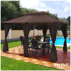 Swing&Harmonie Luxus LED - Pavillon 3x4m Minzo - inkl. Seitenwände mit LED Beleuchtung + Solarmodul Gartenpavillon optional mit Moskitonetz Partyzelt Gartenzelt - versch. Ausführungen