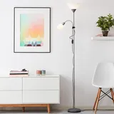 Lightbox Deckenfluter mit einstellbarem Lesearm & Kipp-Schalter | 1,8 m Höhe | dekorative Stehleuchte | Leselampe mit 1 x E27 & 1 x E14 | aus Aluminium/Kunststoff in Silberfarben/Weiß