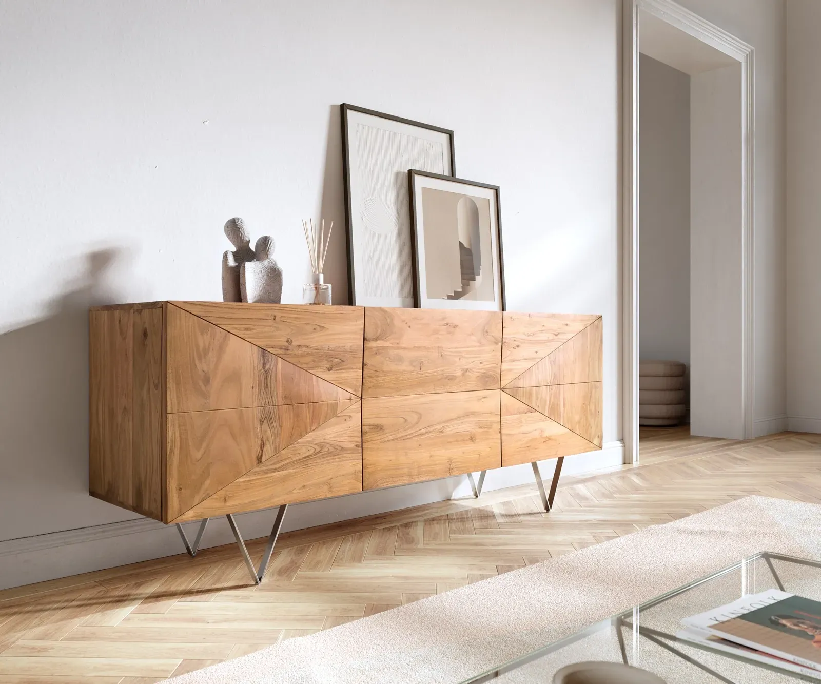 DELIFE Design-buffet Wyatt 175 cm 3D optique centrale acacia naturel acier inoxydable, Buffets