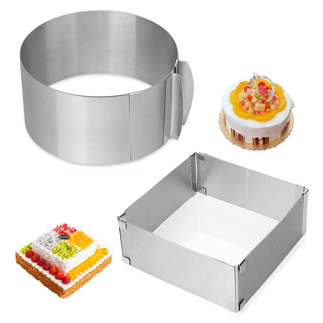 EGEN Adjustable Cake Mold Mousse Ring, Heavy Duty 16-30cm Round Cake Ring Mold and 15.5-28cm Square Cake Mold Cake Ring Set of 2 (Round+Square)