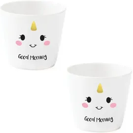 EinhornLiebe Eierbecher Set lustig Einhorn weiß Porzellan mit Gesicht *Happy* 2 Stück im Geschenk Karton