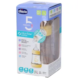 Chicco PERFECT 5 Anti-Antikolik-Flasche 150 ml, Slow-Flow-Flasche 0 Monate + mit weichem Silikonsauger, 150 ml Biofunktionsflasche mit Intui-flow System, Beige