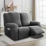 6-Teilig Sesselbezug, Sessel Überzug, All-Inclusive Sesselschoner für Relaxsessel, Sesselschoner für Fernsehsessel, Komplett Sesselbezug, Stretch Sessel Überzug mit Taschen (Hellgrau-Zweisitzer)