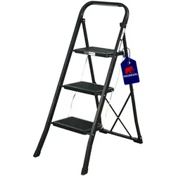 PROREGAL Trittleiter klappbar 3 geriffelte Stufen aus Gummimatten 103x47x70cm Traglast 150kg Stahl Matt Schwarz Klapptritt Klappleiter Haushaltsleiter