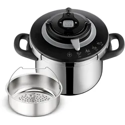 Schnellkochtopf TEFAL "Clipso+ CHEF, 6 Liter Dampfkochtopf", grau (edelstahl), B:29cm H:22,7cm L:36cm, Töpfe, 4 Kochprogramme, 6 Sicherheitsstufen, abnehmbarer Timer