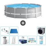 Intex Round Prism Frame Swimming Pool – 366 x 99 cm – Grau – inklusive Pumpe – Leiter Sonnensegel - Wartungspaket - Filter - Staubsauger - ...