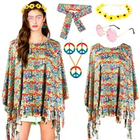 Hippie Kostüm Damen, 60er 70er Jahre Bekleidung Hippie Poncho Oberteil Bluse Kleid Mode Abba Frau Outfit mit Flower Power Accessoires Peace Kette Ohrringe Sonnenbrillen Mottoparty Karneval Fasching - Einheitsgröße