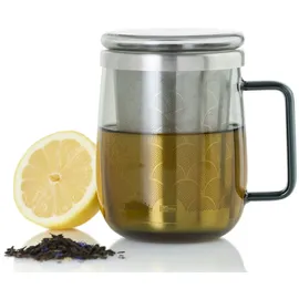 AdHoc TK63 Teeglas mit Griff YUNA 560 ml | Premium Tee-Tasse aus Borosilikatglas mit Feinfilter aus Edelstahl | mundgeblasenes Unikat im skandinavischen Design