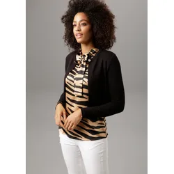 Bolero ANISTON SELECTED, Damen, Gr. 42, schwarz, Feinstrick, Obermaterial: 94% Viskose, 6% Elasthan, unifarben, elegant, figurumspielend taillenlang, Rundhals, Langarm, Strickjacken, mit funkelndem Verschlussknopf