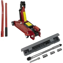 PETEX Rangierwagenheber, 2 T, hydraulisch + Drehmomentschlüssel 40-210 Nm, inkl. 3 Stecknüsse 17/19/21 mm, 1 Verlängerung - Set